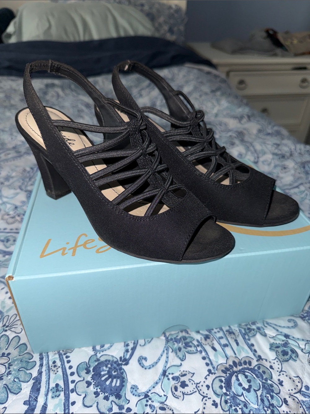 Life Stride Black Strappy Slingback Peep-Toe Heels